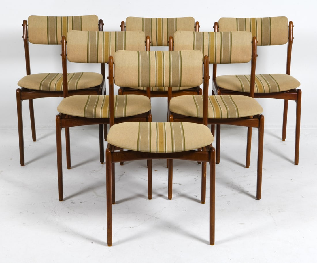 (6) ERIK BUCH DANISH TEAK DINING CHAIRS C. 1960S: Model 49. Teak frames with striped upholstery. Apparently unmarked. Denmark, circa 1960s. Dimensions: H 30" x W 18.5" x D 17" x SH 19.75". Condition: Small scuffs and scratches to frame. Wear consiste