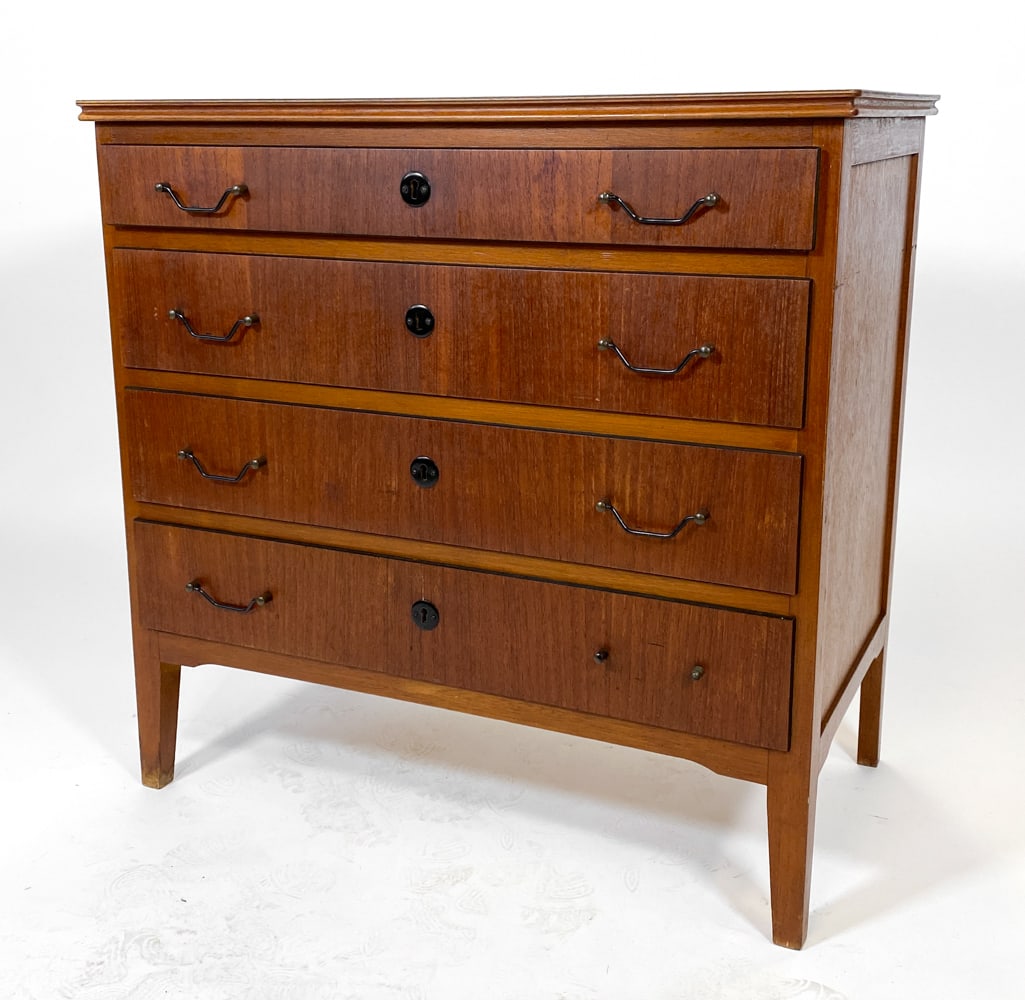 DANISH TEAK CHEST OF DRAWERS C. 1960S: Teak dresser with metal drawer pulls. Denmark, circa 1960s. Dimensions: H 28" x W 28.75" x D 16". Condition: No key. Few scuffs and scratches, wear consistent with age and use. DMU046