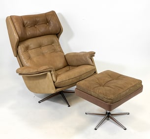 E GOLDBACH "SUSI" LEATHER SWIVEL CHAIR & OTTOMAN