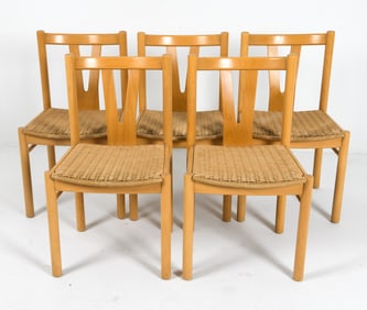 (5) DANISH BEECH & RUSH DINING CHAIRS C. 1970S