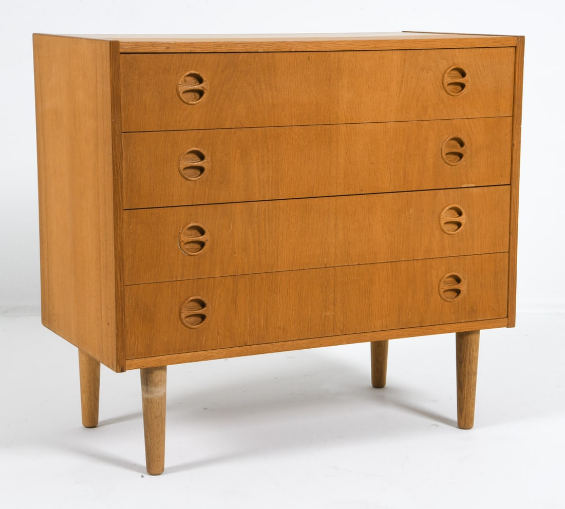 DANISH OAK CHEST OF DRAWERS C. 1970S: Rounded inset drawer pulls. Denmark, circa 1970s. Dimensions: H 29" x W 31.5" x D 16". Conditions: Wear consistent with age and use, including minor dings and rubs. DMU124