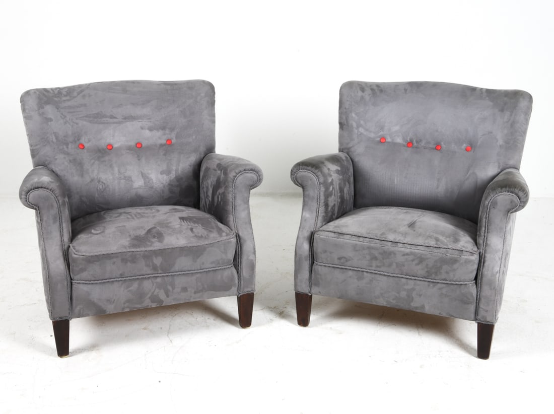 PAIR OF SCANDINAVIAN VELOUR LOUNGE CHAIRS C. 1960S: Grey velour upholstery with beech feet and tufted buttons. Denmark, circa 1960s. Dimensions: H 30.75" x W 31.5" x D 31" x Sh 15.25" Conditions: Wear consistent with age and use, minor scuffs and rubs