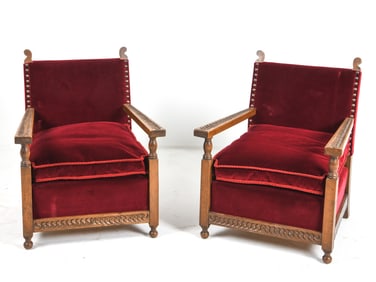 PAIR OF DANISH OAK & VELOUR ARMCHAIRS C. 1950S