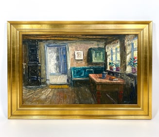 DANISH ROOM INTERIOR OIL ON CANVAS C. 1960S