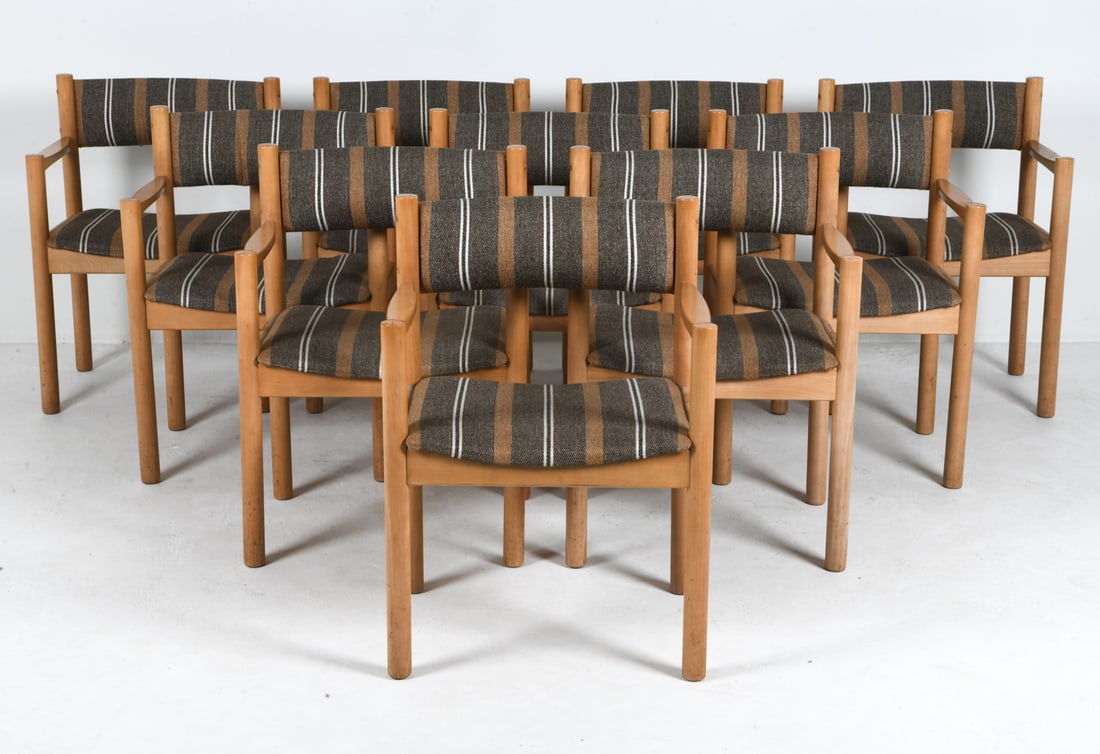 STYLE OF BORGE MOGENSEN BEECH & WOOL CHAIRS 1970S: Beech frames with wool upholstery. Denmark, circa 1970s. Dimensions: H 30.25" x W 22" x D 22" x SH 17". Condition: Minor scuffs to wood. Wear consistent with age and use. PERG077