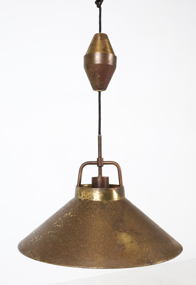 JO HAMMERBORG FOG & MORUP PENDANT LIGHT C. 1970S: Metal pendant light with handle and pulley system for height adjustment. Apparently untagged. Denmark, circa 1970s. Dimensions: H 14" x Dia. 16.5". Condition: Oxidation to entire surface. Wiring untes