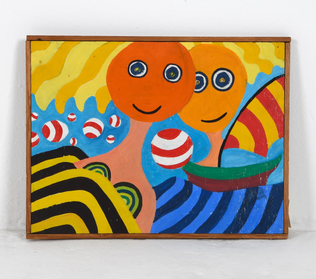 JOHANNES KAGAN (20TH C.) ABSTRACT FIGURES 1972 A/B: Signed and dated on back with inscription. Acrylic on board. Dimensions: Frame H 16" x W 20.75". Board H 15" x W 20". Condition: Minor scuffs to board and frame, wear consistent with age and display.