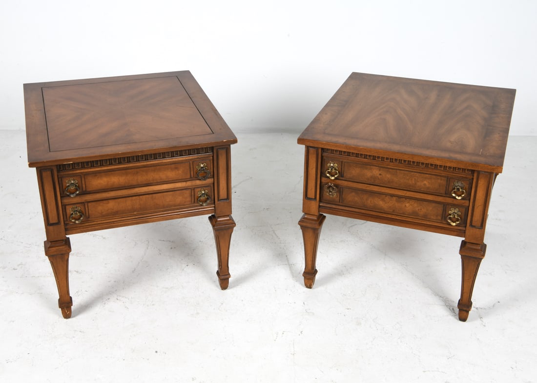 PAIR OF WEIMAN WALNUT SIDE TABLES C. 1970S: Walnut side tables with drawers and brass ring pulls. Tagged inside drawer. American, circa 1970s. Dimensions: H 21.75" x W 26.75" x D 22.75". Condition: Few scuffs and scratches, dings to edges. Wear