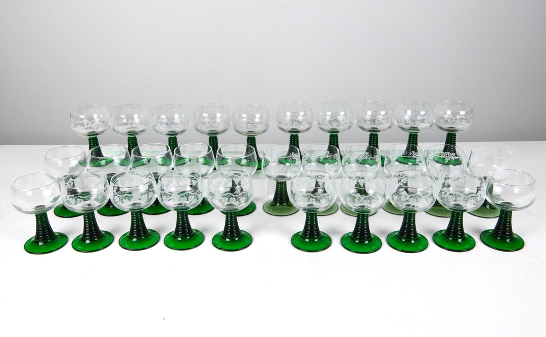 LUMERIC FRENCH WINE GLASS STEMWARE GROUPING: Glassware grouping, most with frosted decoration to tops. Green bases. Marked "France" under the foot. Circa 1960s. Dimensions: H 5.5" x Dia. 3.5". Condition: Minor scuffs, wear consistent with age an