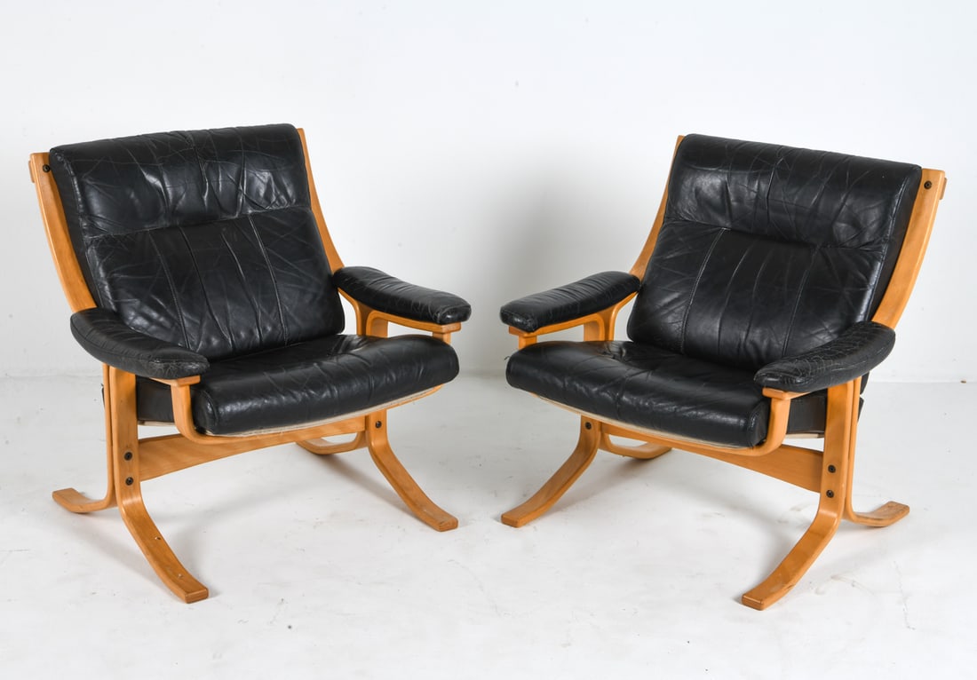PAIR DANISH DELUXE BEECH & LEATHER LOUNGE CHAIRS (1 of 10)