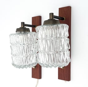 PAIR SWEDISH ORREFORS TEAK & GLASS WALL SCONCES