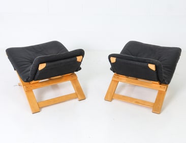 PAIR OF AKE FRIBYTTER LEATHER & BEECH OTTOMANS