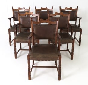 (6) SCANDINAVIAN OAK & LEATHER ARMCHAIRS C.1950S
