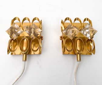 PAIR OF MID-CENTURY BRASS & GLASS WALL SCONCES