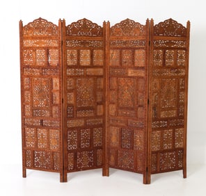 4-PANEL CARVED & INLAID TEAK FOLDING SCREEN