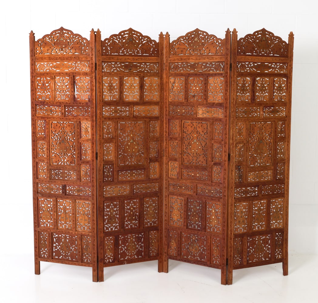 4-PANEL CARVED & INLAID TEAK FOLDING SCREEN (1 of 20)