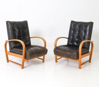 PAIR ATTR THONET BEECH & LEATHER EASY CHAIRS 1930S