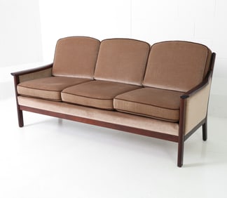 HANS OLSEN STYLE DANISH MOHAIR & BEECH SOFA 1960S