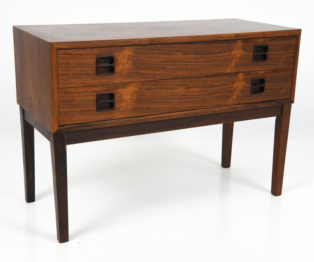 ARNE VODDER DANISH ROSEWOOD LOW CHEST C. 1960S: For Sibast. 2-Drawer rosewood chest. Apparently unmarked. Denmark, C. 1960s. Dimensions: H 24.25" x W 21.75" x D 11.75" Condition: Minor surface wear and rubs consistent with age and use. G063