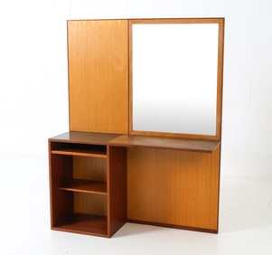 SCANDINAVIAN OAK VANITY DESK W/ MIRROR C. 1960S