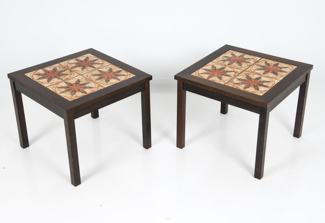 PAIR OF TOFTEN DANISH ROSEWOOD & TILE SIDE TABLES: Rosewood side tables with inset ceramic tiles. Apparently unmarked. Denmark, circa 1970s. Dimensions: H 17.25" x W 20.5" x D 20.5" Condition: Wear consistent with age and use including faint scratches