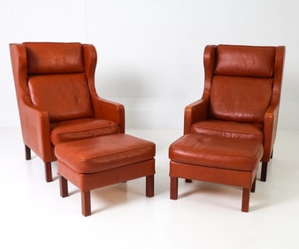 SKALMA DANISH LEATHER WINGBACK CHAIRS W/ OTTOMANS