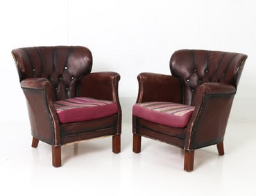 PAIR OSKAR HANSEN DANISH LEATHER CLUB CHAIRS 1930S