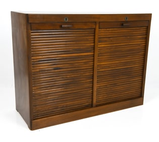 MID-CENTURY DANISH BEECH TAMBOUR DOOR CABINET