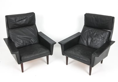PAIR HANS OLSEN STYLE DANISH LEATHER LOUNGE CHAIRS