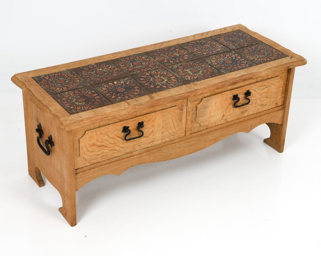 KJAERNULF STYLE DANISH OAK & TILE LOW CHEST: (description updated shortly) Dimensions: H 16.5" x W 40" x D 16" Condition: Wear consistent with age and use. G046