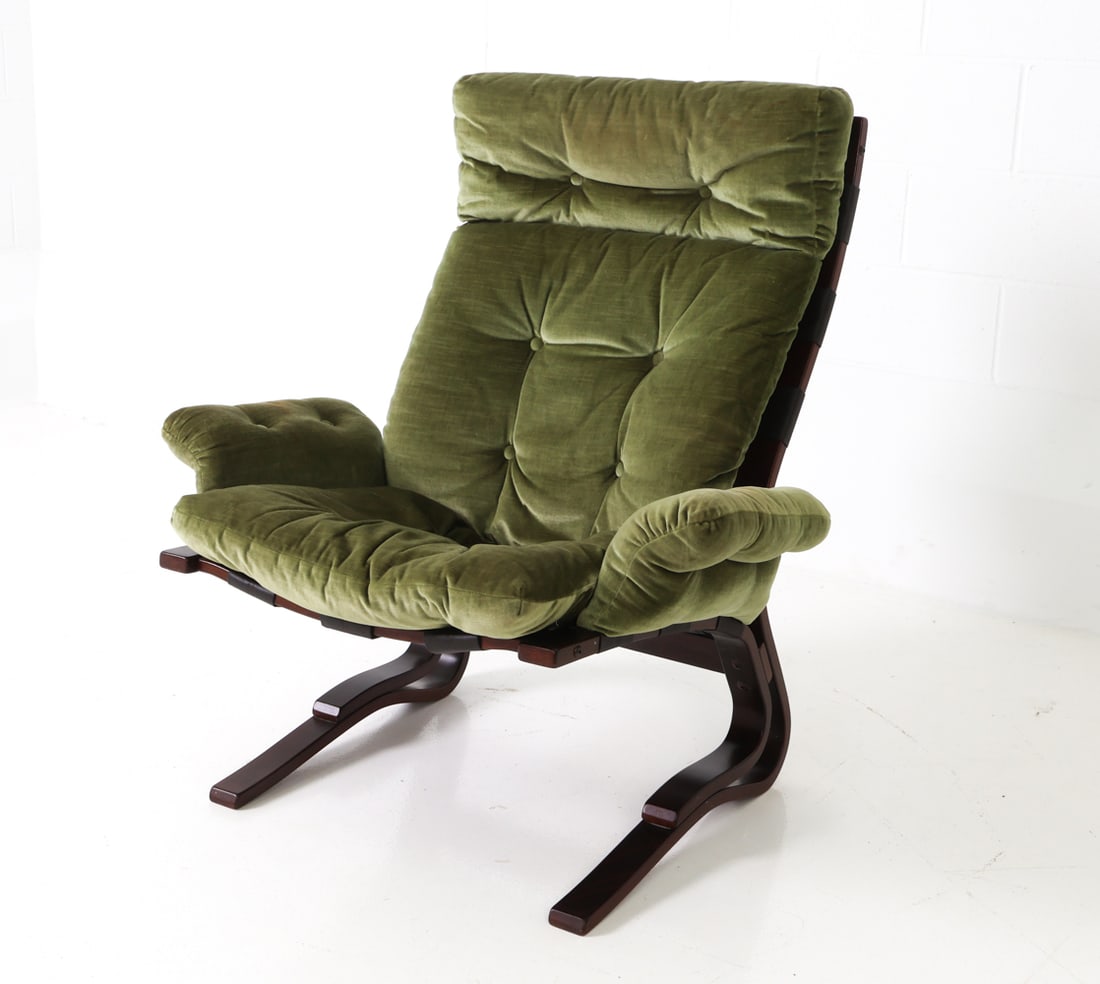 ELSA & NORDAHL SOLHEIM LOUNGE CHAIR 1970S: Model "Kanga" for O.P. Rykken & Co. lounge chair with beech bentwood frame, canvas sling underliners and green upholstery. Apparently unmarked. Denmark, circa 1970s. Dimensions: H 39.25" x W 34.75" x