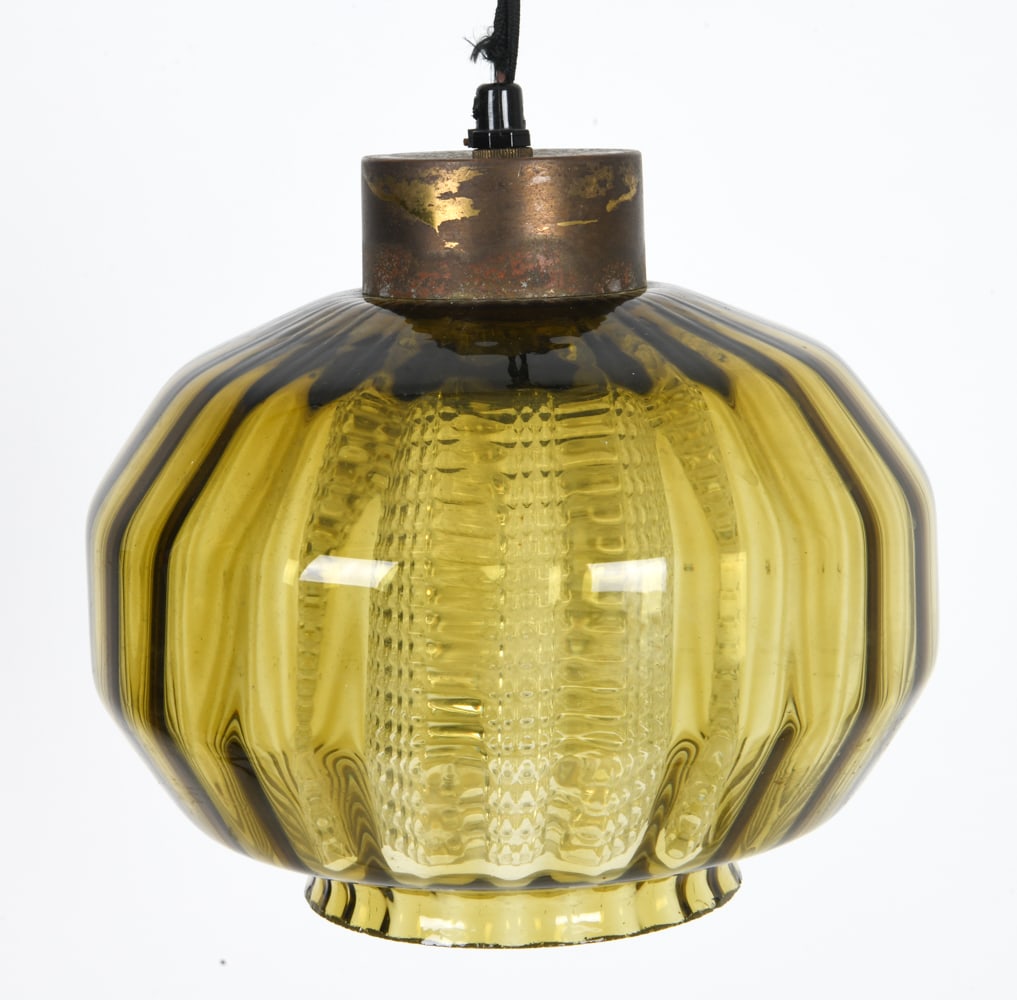 MID-CENTURY DANISH GLASS PENDANT LIGHT: Features a ribbed amber glass shade. Apparently unmarked. Dimensions: (Fixture) H 8" x Dia 8" Condition: Untested. Minor flea bites and nicks to bottom rim of glass. G524