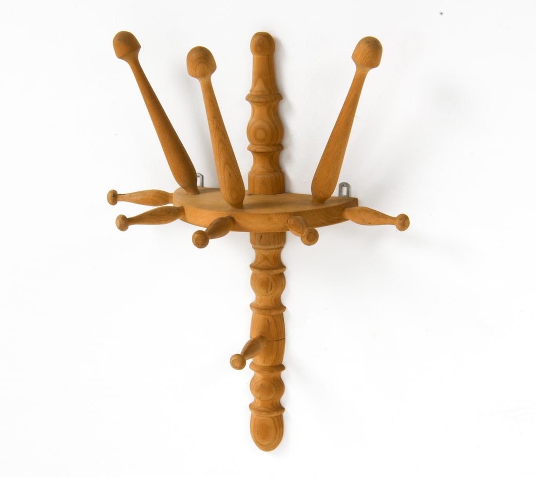 SCANDINAVAIN OAK WALL MOUNT COAT RACK: Hooks on backside for hanging. Dimensions: H 19.5" x W 14.25" x D 7.25" Condition: Wear consistent with age and use including light surface marks. G511