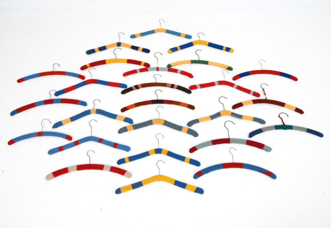 VINTAGE DANISH CROCHET WOOL COAT HANGERS: Handmade C. 1970S Dimensions: H 7.5" x W "17 Condition: Wear consistent with age and use G060