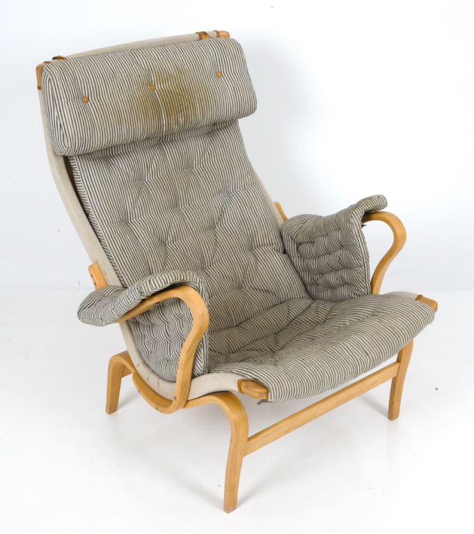 BRUNO MATHSSON "PERNILLA" BEECH LOUNGE CHAIR 1970S: For DUX. Lounge chair featuring a beech bentwood frame and striped upholstery. Apparently unmarked. Sweden, circa 1970s. Dimensions: H 38" x W 33.25" x D 36" x Sh 15.5" Condition: Wear consistent with