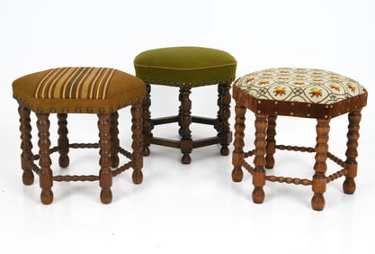 (3) DANISH TURNED OAK STOOLS OR OTTOMANS