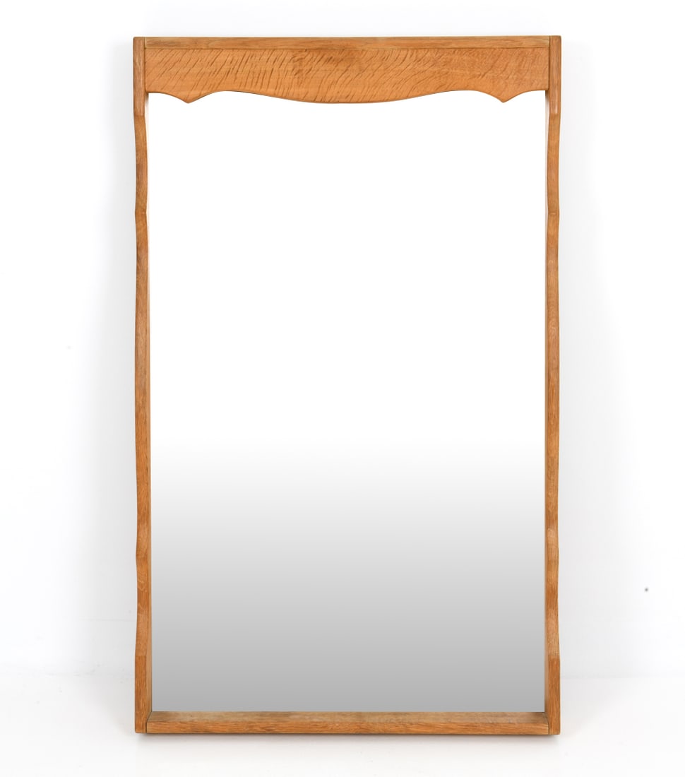 STILO MOBLER DANISH ILLUMINATED OAK MIRROR: Oak framed mirror with a light at the top for illumination. Dimensions: H 46" x W 28" x D 4" Condition: Lighting untested. Wear consistent with age and use including rubs and surface marks. Back panel