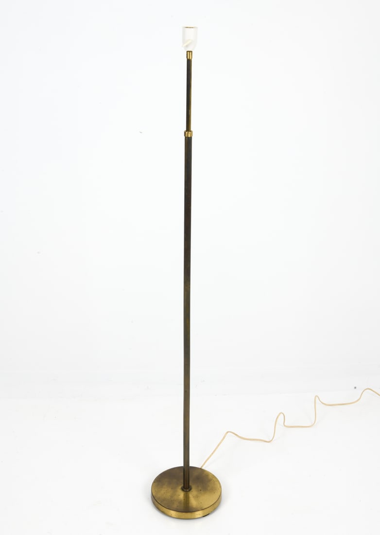 MID-CENTURY DANISH BRASS FLOOR LAMP: Unmarked. Dimensions: H 29.5" x W 59.5" x D 31" x Sh 15.5" Condition: Wear consistent with age and use including patina and surface wear. G531