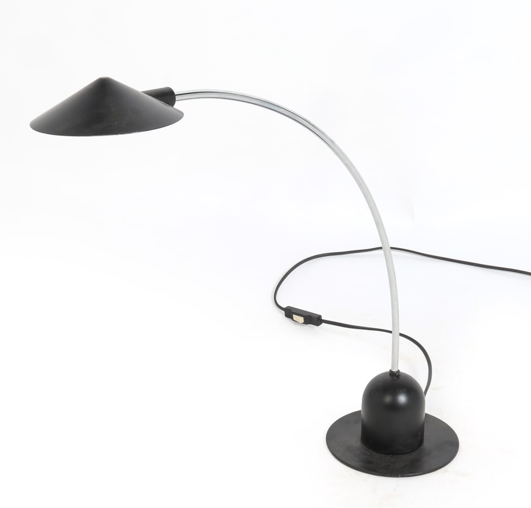 LYSKAER DANISH DESK LAMP C. 1970S: Tagged underneath. Steel desk lamp in black finish. Denmark, circa 1970s. Dimensions: H 18.75" x W 6" x D 14.25". Condition: Wiring untested, European plug. Wear consistent with age and use.