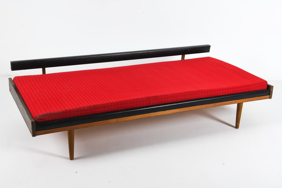 INGMAR RELLING STYLE TEAK & LEATHER DAYBED 1960S: Teak frame with leather wrapped accents, Included a mattress. Norway, circa 1960s. Dimensions: H 10" x W 77" x D 36.25". Condition: Wear consistent with age and use including minor dings and rubs.
