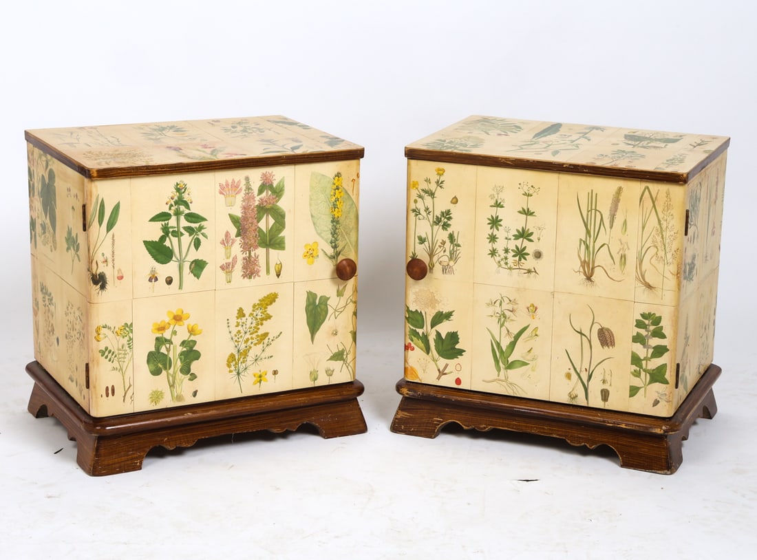 JOSEF FRANK STYLE SWEDISH WALLPAPER NIGHTSTANDS: Denmark, circa 1970s. Dimensions: H 20.75" x W 19.5" x D 14". Condition: Wear consistent with age and use. Some wear and loss to paper.