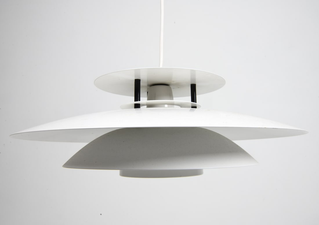 JURGEN BUCHWALD NORDLUX PENDANT LIGHT C. 1970S: Apparently untagged. Metal pendant light in white finish. Denmark, circa 1970s. Dimensions: H 5" x Dia. 16". Condition: Wiring untested. Wear consistent with age and use.