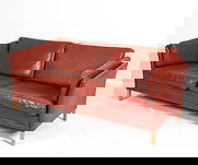 ATTR. MOGENS HANSEN DANISH LEATHER SOFA C. 1960S: Red leather sofa with beech legs. Apparently unmarked. Denmark, circa 1960s. Dimensions: H 24.75" x W 72" x D 29.5" x Sh 14.5". Condition: Wear consistent with age and use including rubs, creasing and