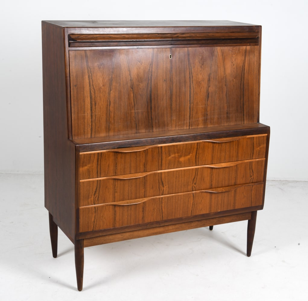 ERLING TORVITS DANISH ROSEWOOD SECRETARY CHEST: For Klim Mobelfabrik. Key included. Sliding compartment doors to interior. Top drawers opened by pressing tab underneath. circa 1960s. Dimensions: H 48" x W 41" x D 18.25" Conditions: Wear consistent