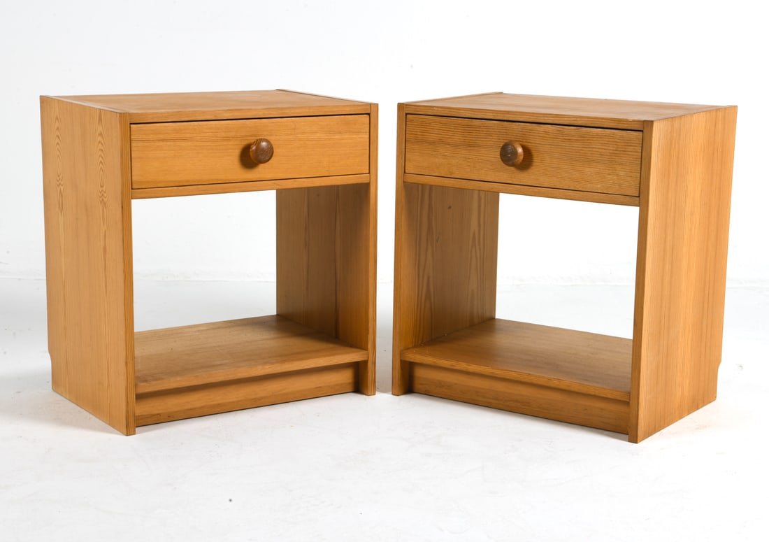 PAIR OF SWEDISH PINE NIGHTSTANDS C. 1970S: Pair of pine nightstands with (1) drawer each. Sweden, circa 1970s. Dimensions: H 22" x W 20" x D 15". Condition: Minor dings. Wear consistent with age and use.