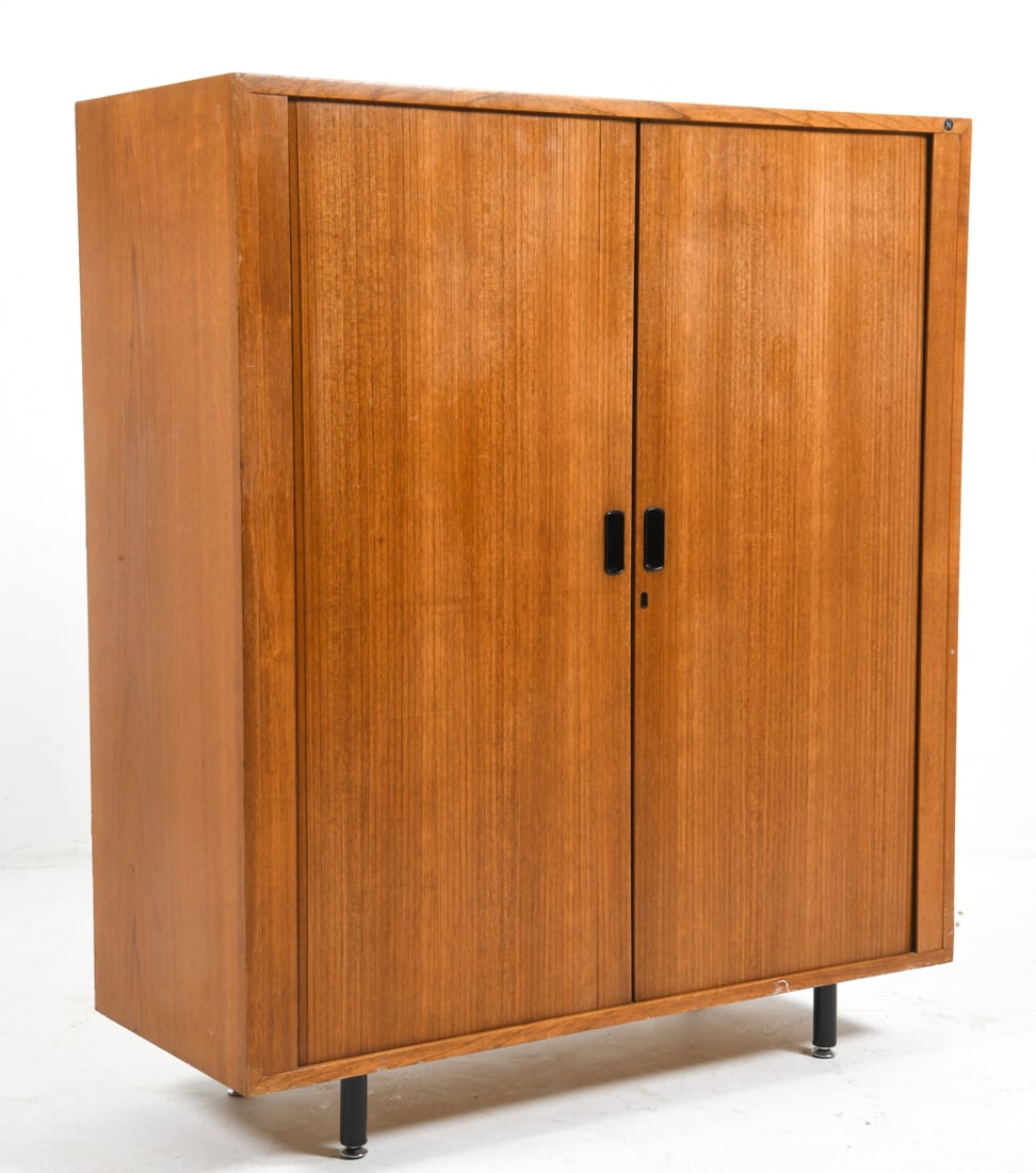 NIPU DANISH TEAK TAMBOUR CABINET C. 1960S: Tagged to front top edge. Adjustable shelves. Denmark, circa 1960s. Dimensions: H 46" x W 40" x D 16". Condition: Minor scuffs and scratches, wear consistent with age and use.
