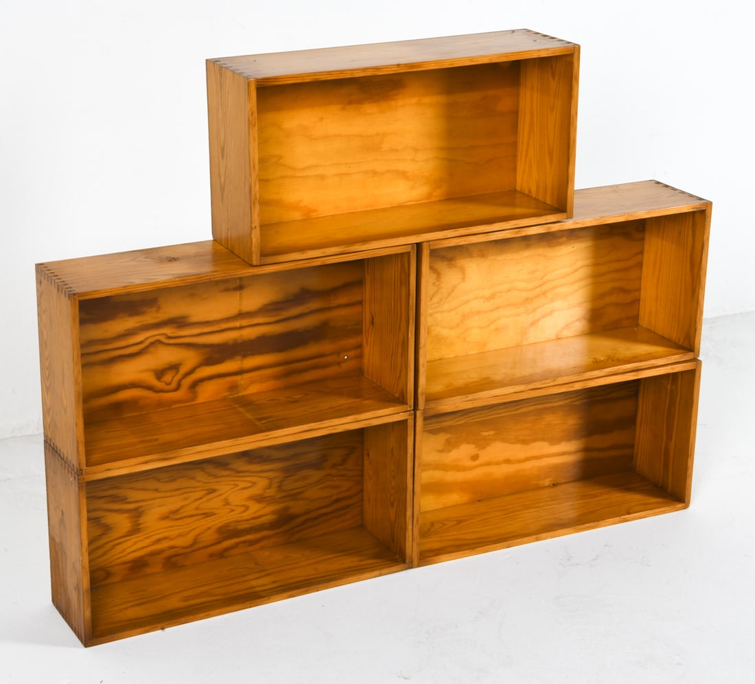 SWEDISH PINE SHELF GROUPING C. 1970S: Grouping of (5) pine shelves that can be stacked or mounted to the wall. Sweden, circa 1970s. Dimensions: H 12" x W 23.75" x D 6.75" Condition: Wear consistent with age and use including rubs and scuf
