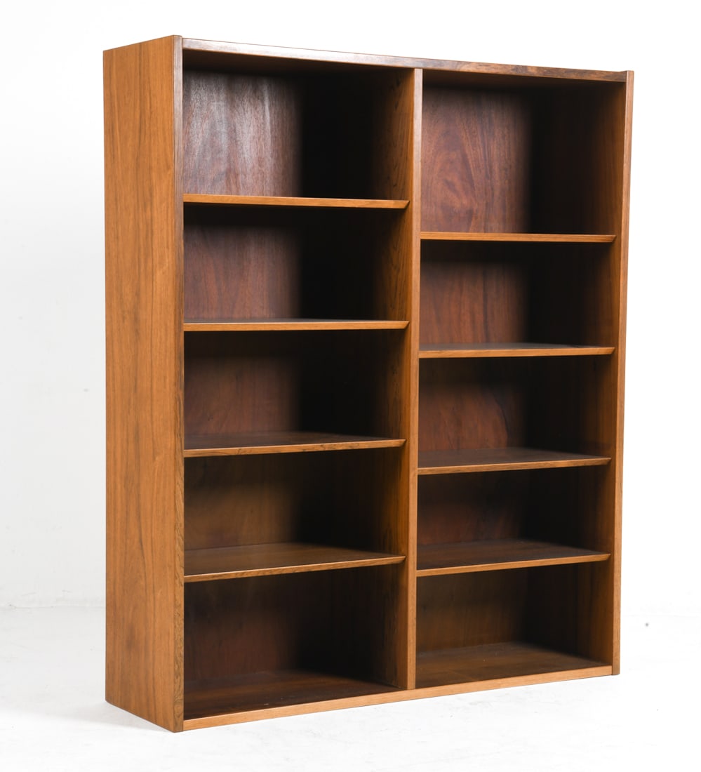POUL HUNDEVAD DANISH ROSEWOOD BOOKCASE C. 1960S: Adjustable shelves. Stamped to back top corner. Denmark, circa 1960s. Dimensions: H 51" x W 43" x D 12" . Condition: Wear consistent with age and use. Minor scratches and dings.