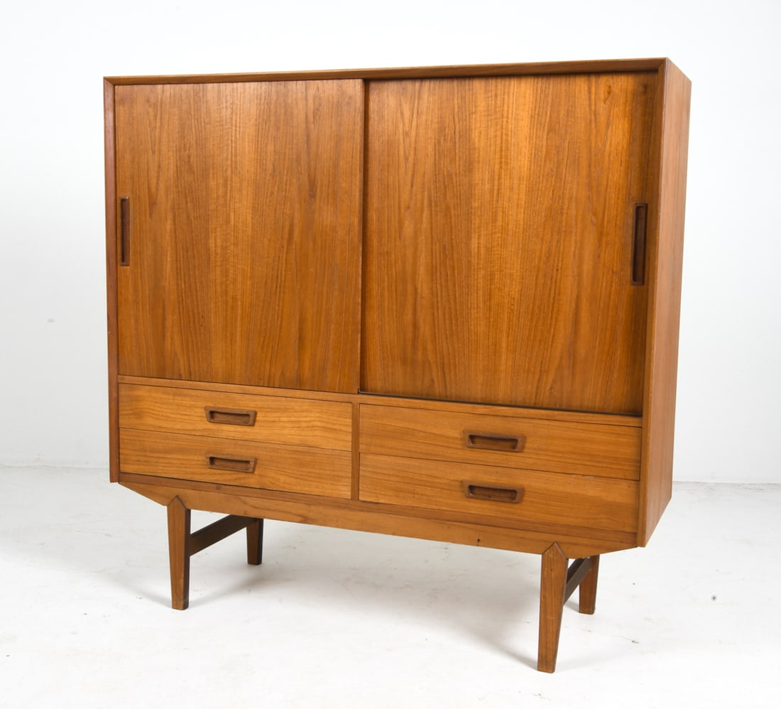 VEMB MOBEL DANISH TEAK HIGHBOARD CABINET C. 1960S: Adjustable shelves. Felt lined drawers. Tagged to back. Denmark, circa 1960s. Dimensions: H 46.5" x W 47" x D 16.25". Condition: Scuffs and scratches, wear consistent with age and use. Soiling and