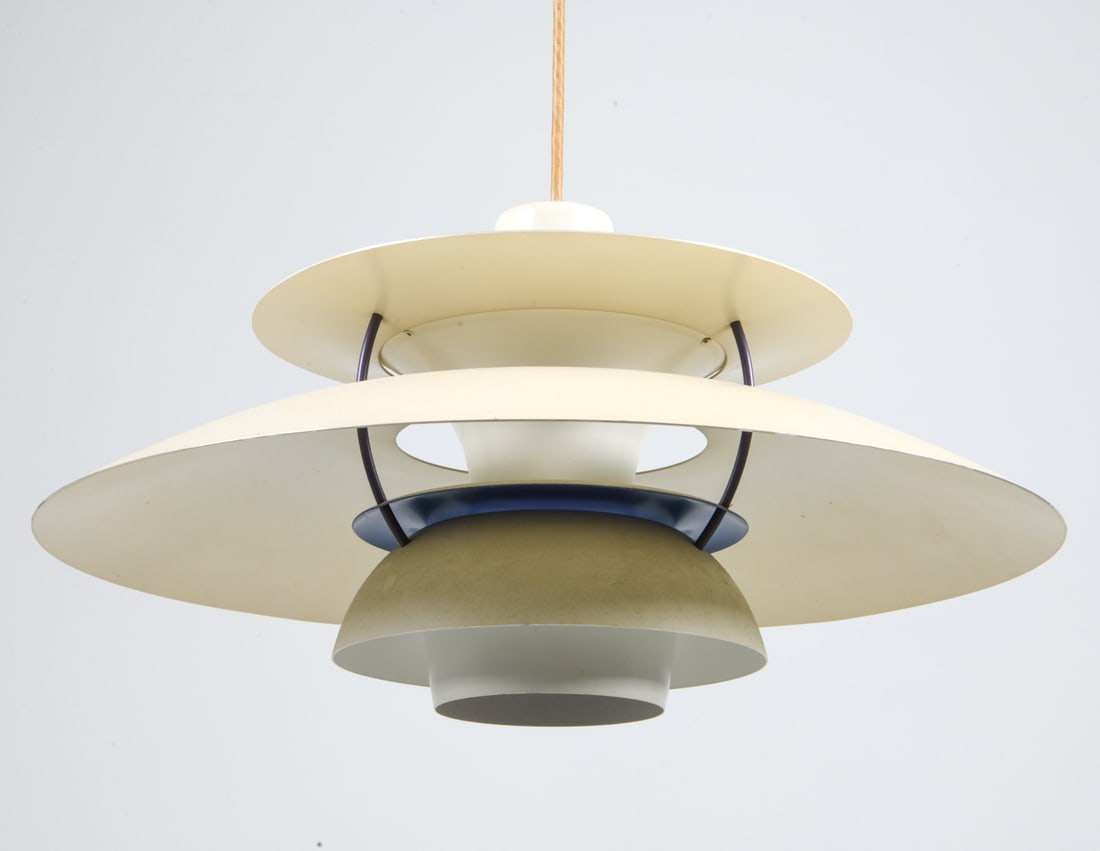 POUL HENNINGSEN DANISH PH5 SAUCER PENDANT LIGHT: For Louis Poulsen. Apparently untagged. Tiered metal shades. Denmark, circa 1960s. Dimensions: H 9.5" x Dia. 19.5". Condition: Minor scuffs and dings. Wiring untested. Wear consistent with age and